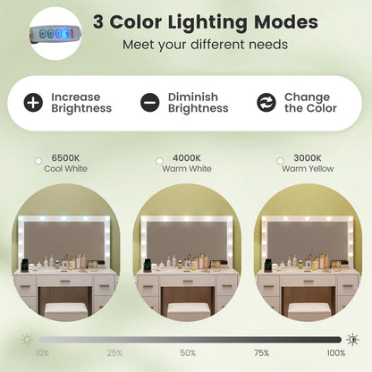 Dressing Table with 3-Color Large LED Mirror and Cushioned Storage Stool