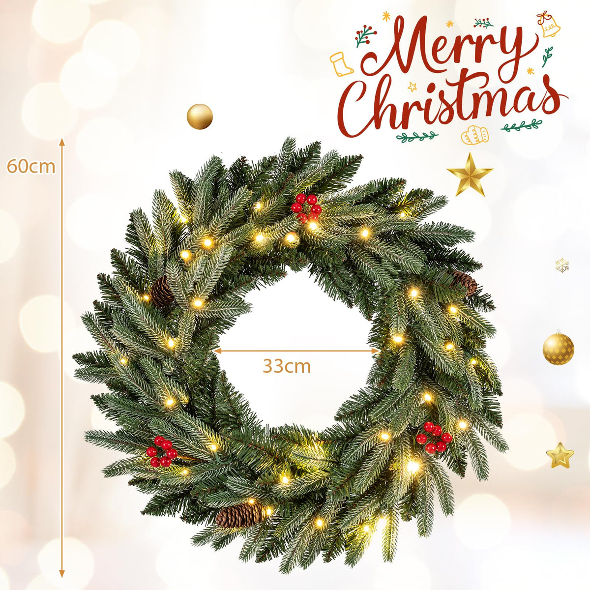 60cm/24inch Pre-Lit Christmas Wreath with LED Lights