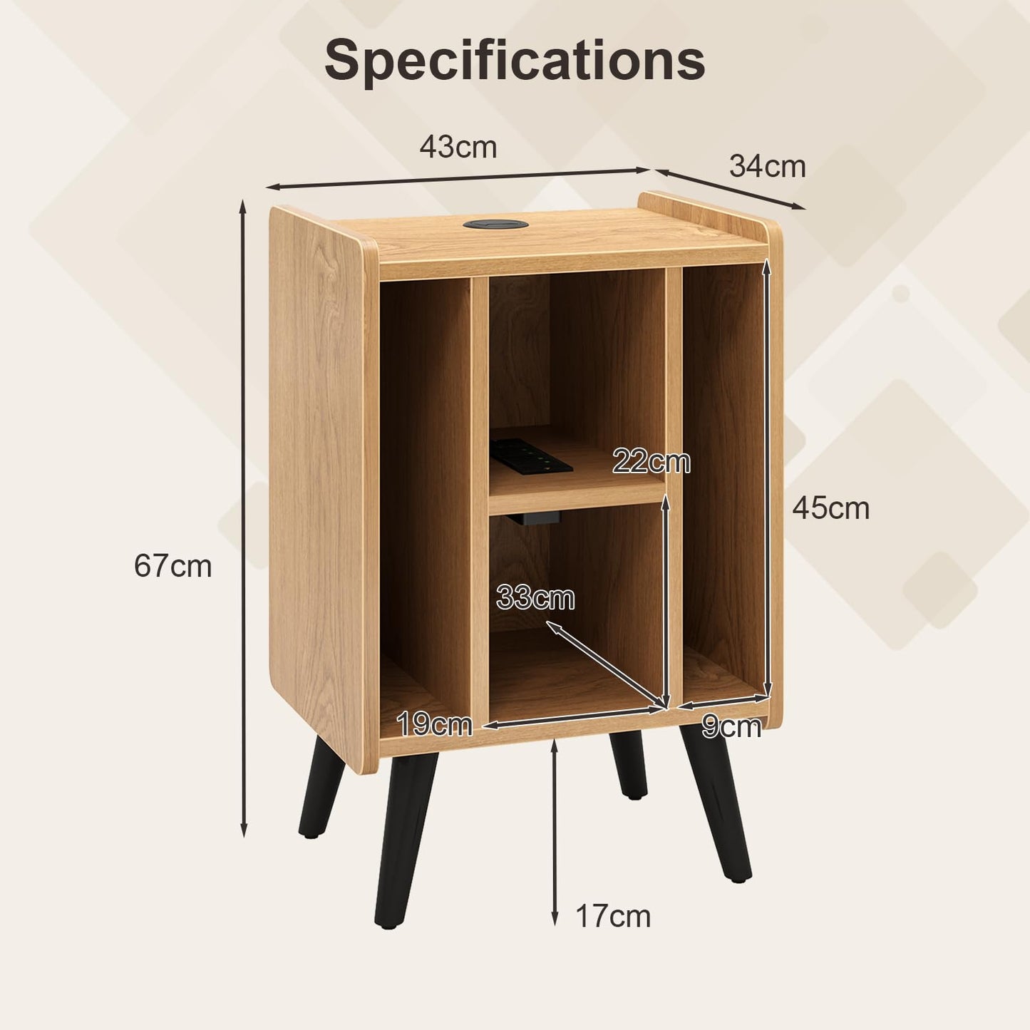 Record Player Stand with 4 Open Shelves Power Outlet USB Charging Port