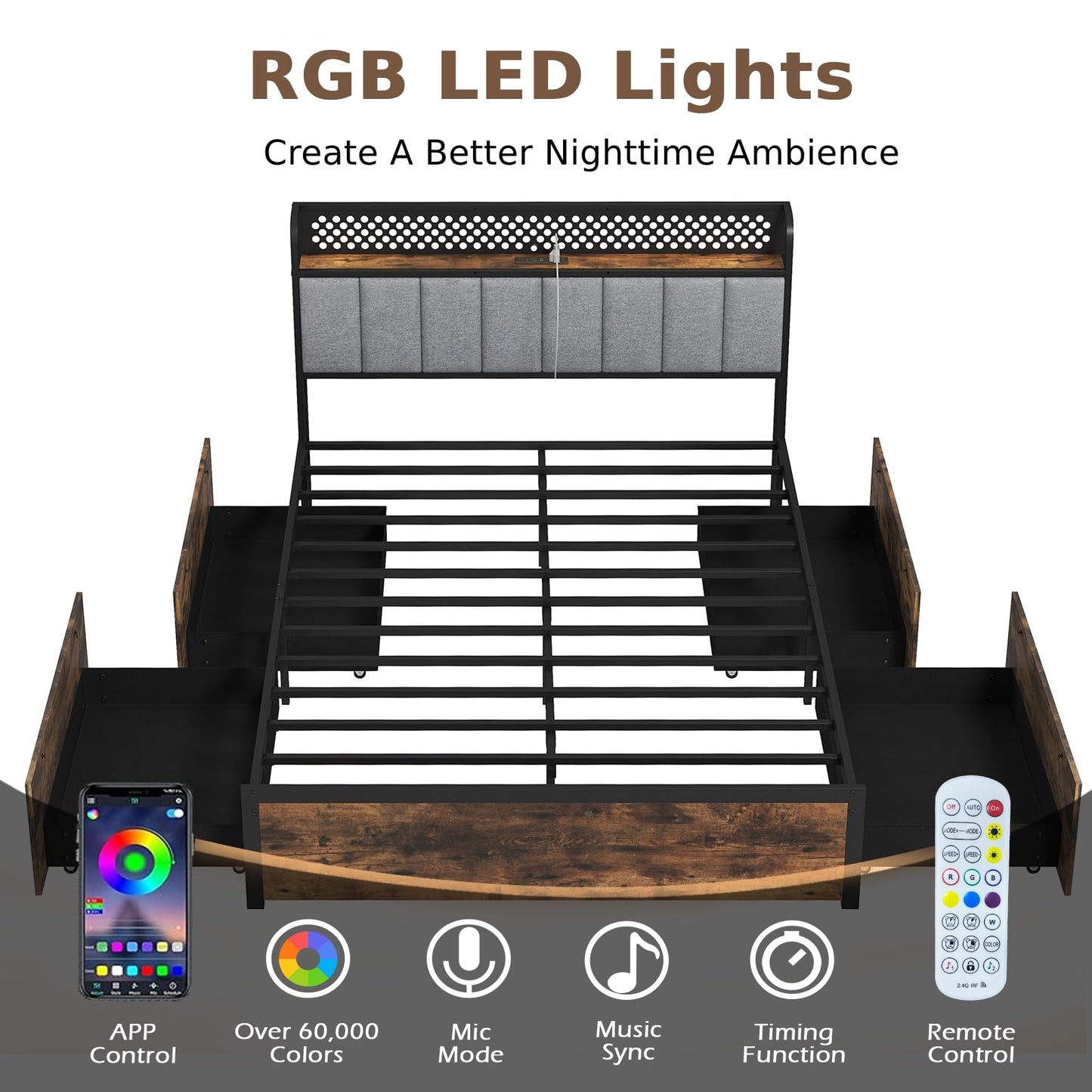 Industrial Metal Platform Bed with LED Lights and USB Power Outlets