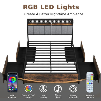 Industrial Metal Platform Bed with LED Lights and USB Power Outlets