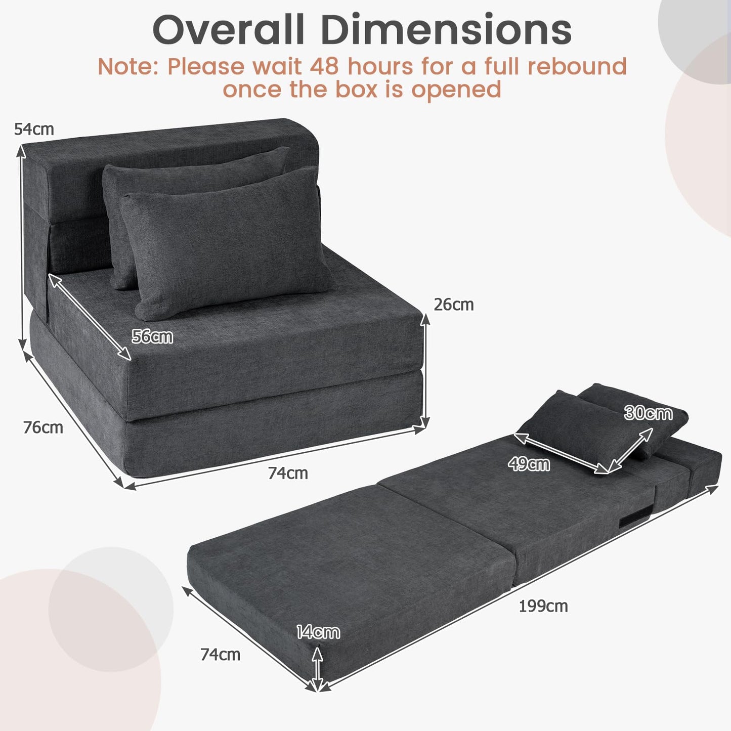 Folding Sofa Bed, 3-in-1 Convertible Sleeper Chair Futon Couch Bed with 2 Pillows