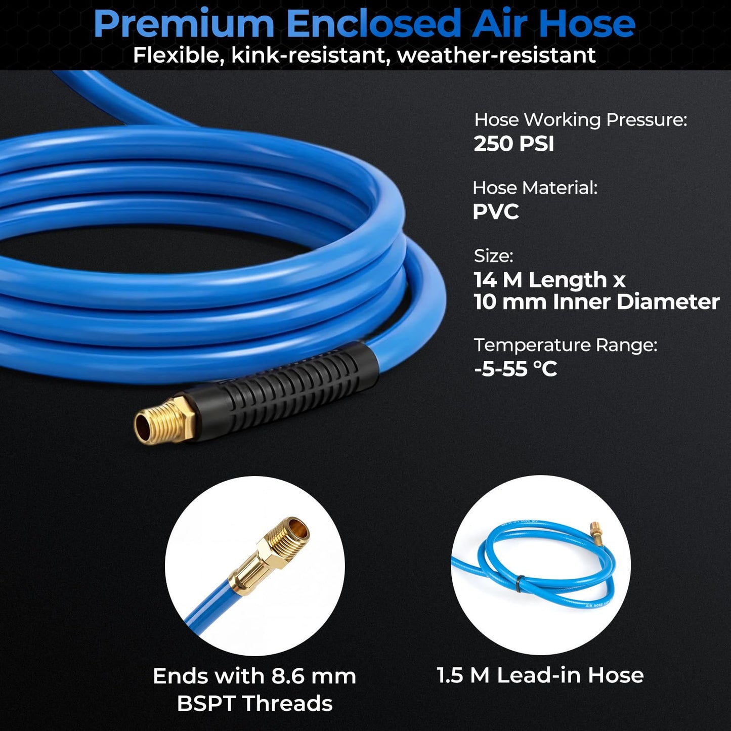 Retractable Air Hose Reel, 14m/15m + 1.5m Automatic Rewind Ceiling