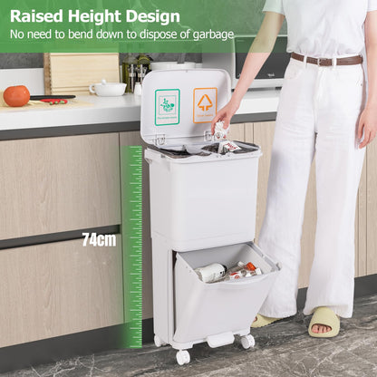 Giantex Recycling Bins 40L Pedal Kitchen Bin with 3 Compartments Lockable Wheels