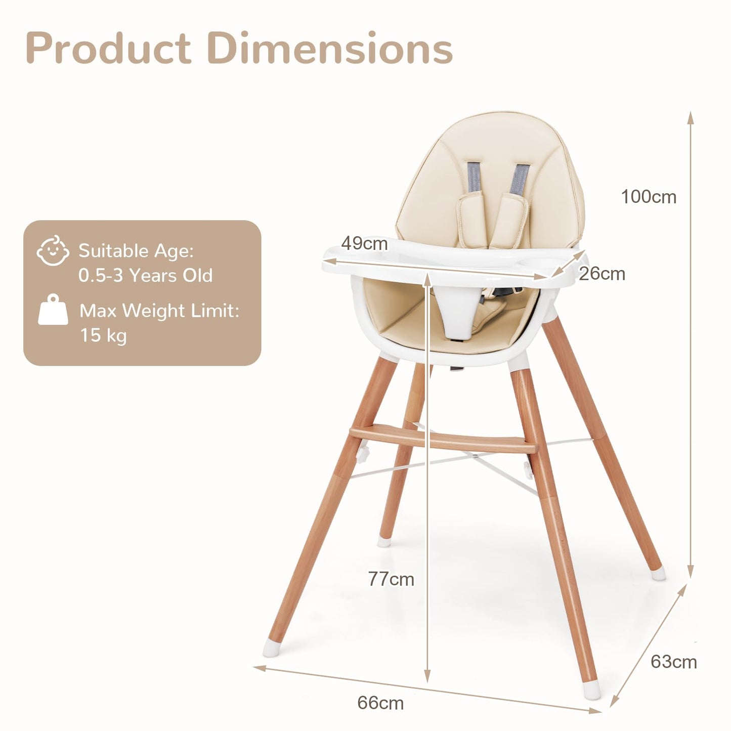High Chair for Babies and Toddlers, Wooden Baby Highchair