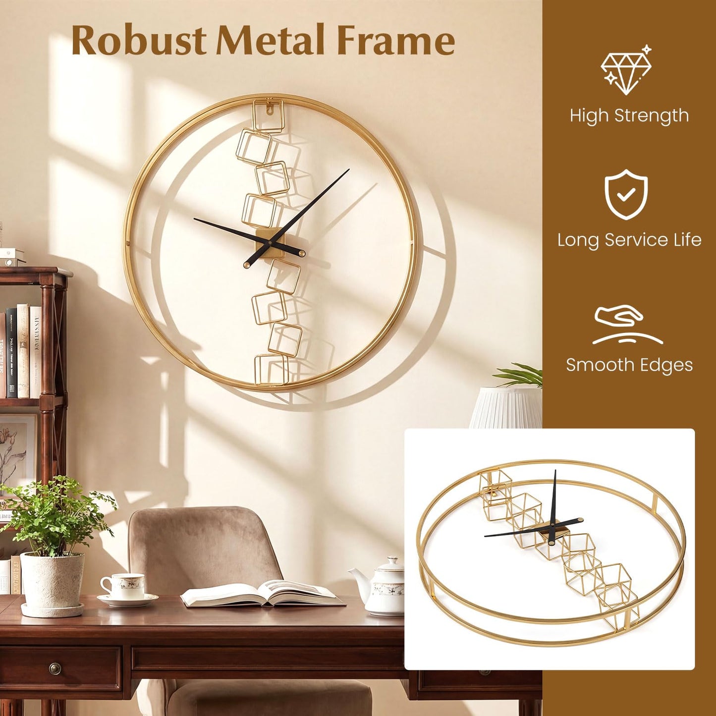 Large Wall Clock, 27”/68cm Metal Non-Ticking Decorative Clock, Battery-Operated Wall Decoration