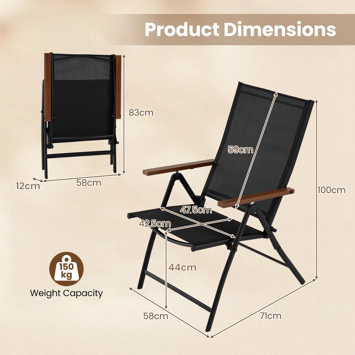 Folding Garden Chairs Set of 2/4, Outdoor Dining Chairs with Adjustable Backrest
