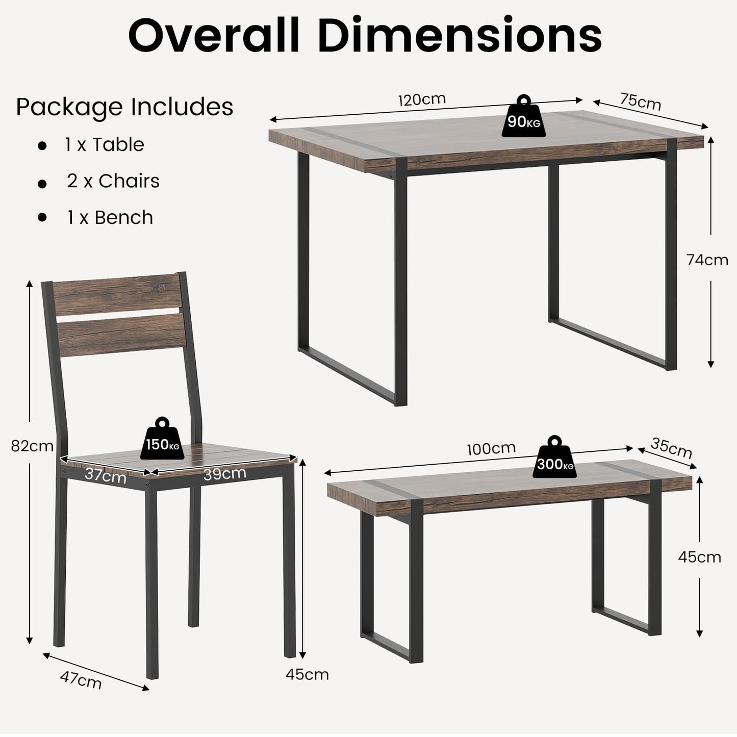 4-Piece Wooden Rectangular Dining Table Set with 1 Bench and 2 Armless Chairs for 4