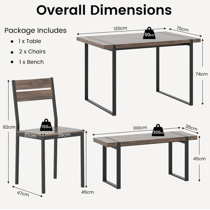 4-Piece Wooden Rectangular Dining Table Set with 1 Bench and 2 Armless Chairs for 4