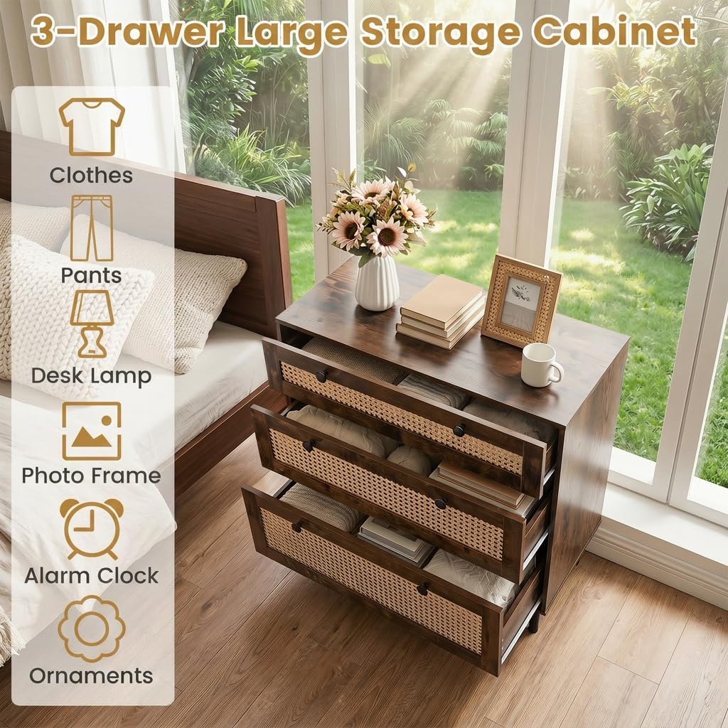 Chest of Drawers, 3-Drawer Boho Storage Dresser (Rustic Brown) | 75 cm Rattan Dresser Organizer Unit