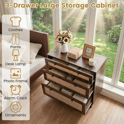 Chest of Drawers, 3-Drawer Boho Storage Dresser (Rustic Brown) | 75 cm Rattan Dresser Organizer Unit