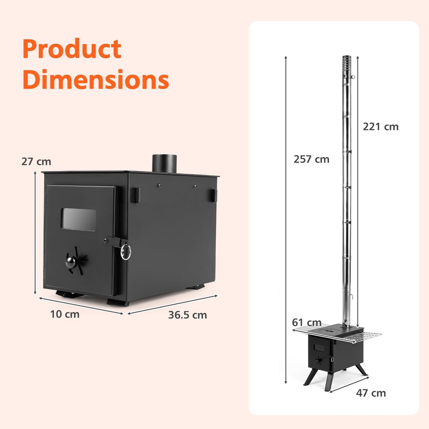 Hot Tent Stove, Camping Tent Stove (Black, 61 x 47 x 257cm) | Stainless Steel Wood Burning Stove