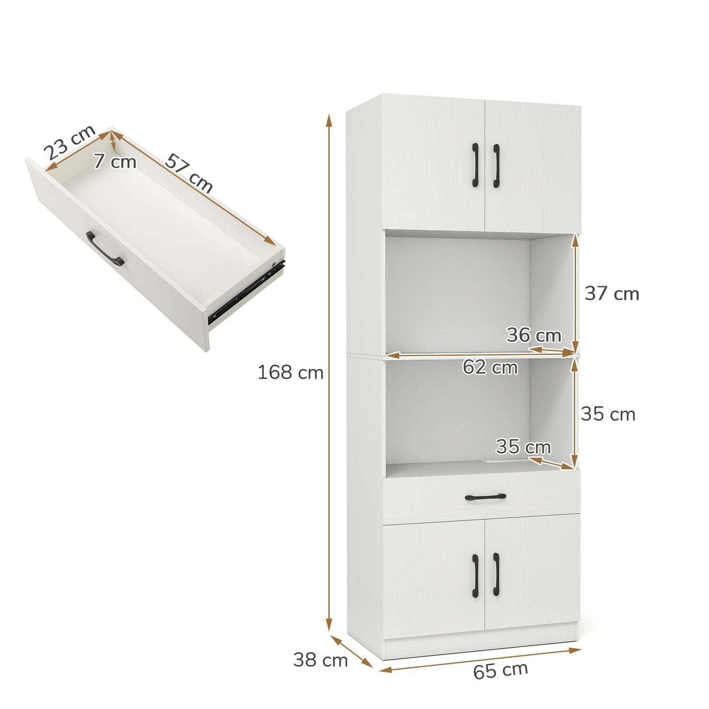 Kitchen Pantry Cabinet with Charging Station 168 cm Tall Cupboard with 4 Doors and 2 Adjustable Shelves