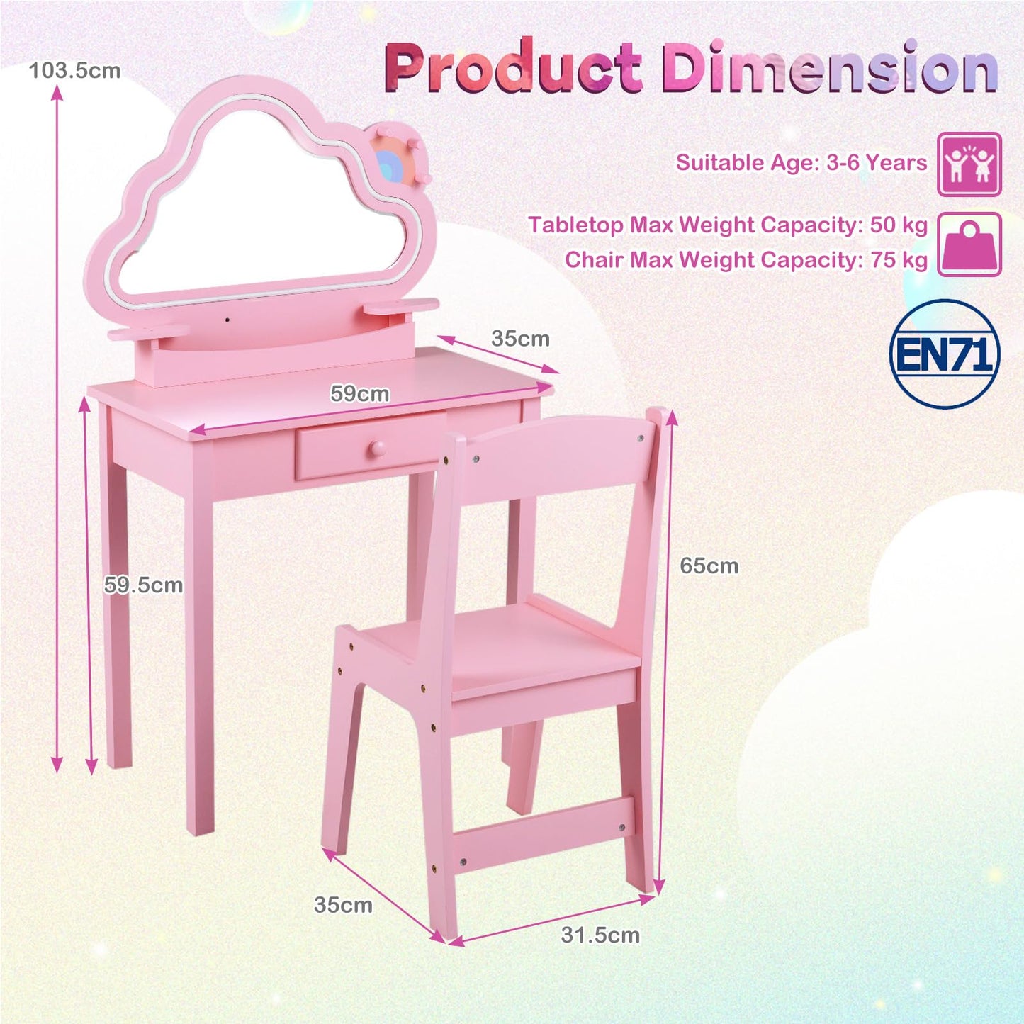 Kids Vanity Table and Chair Set, Children Dressing Table