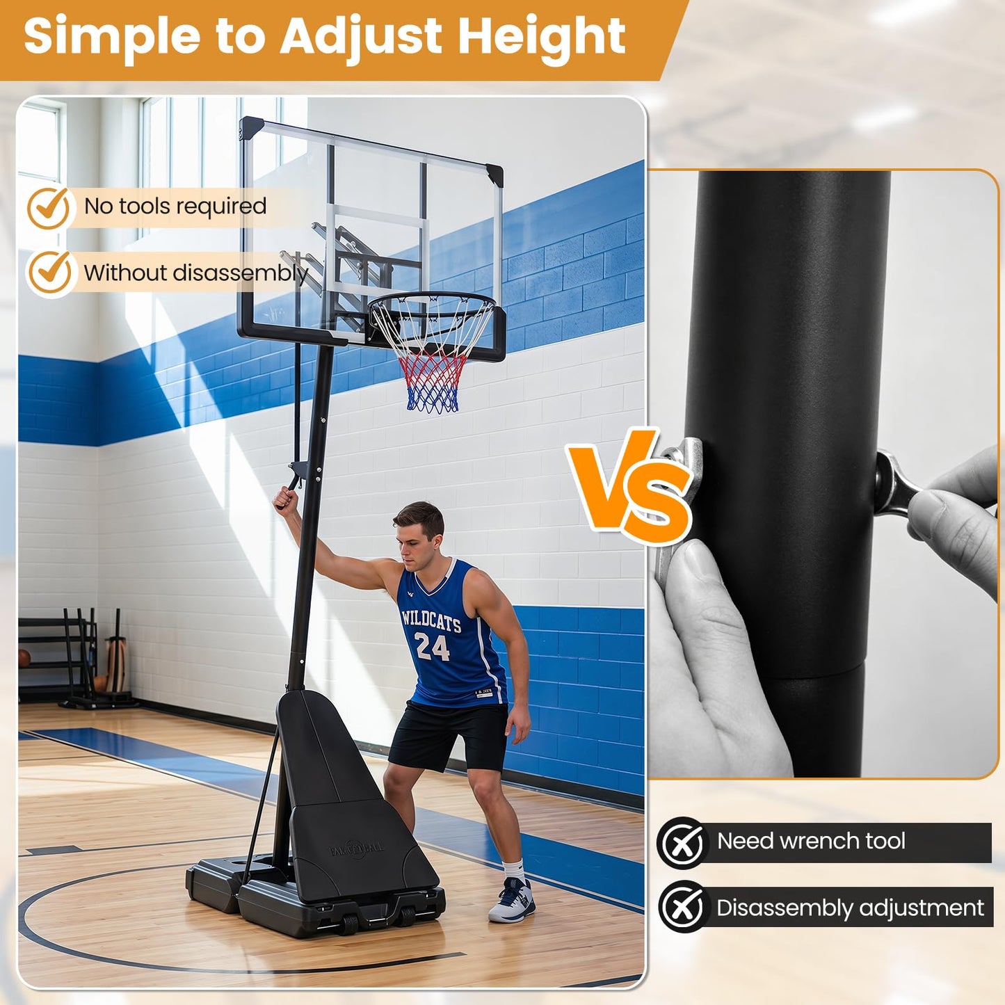 2.45-3.05M Portable Basketball Hoop Height Adjustable with Shatterproof Backboard
