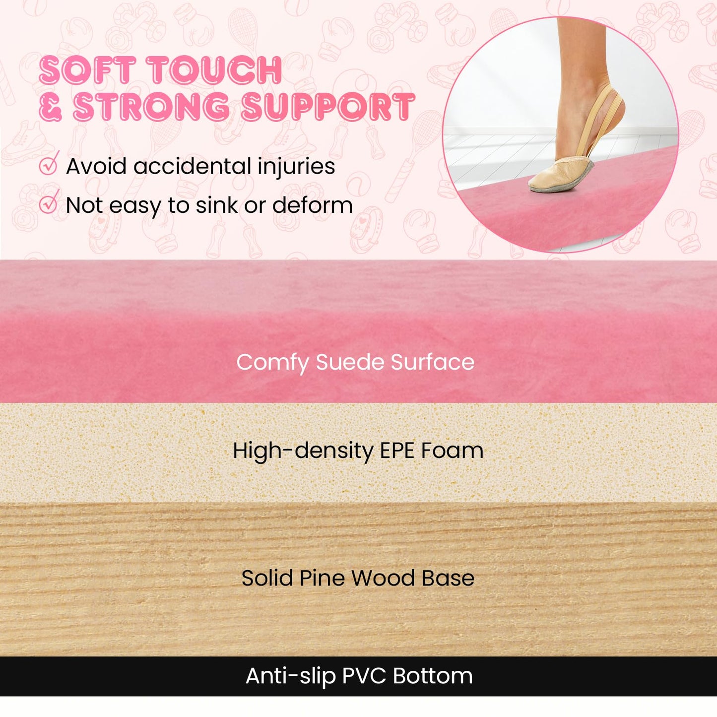 270CM Folding Balance Beam with Solid Wood Base and Anti-slip Bottom