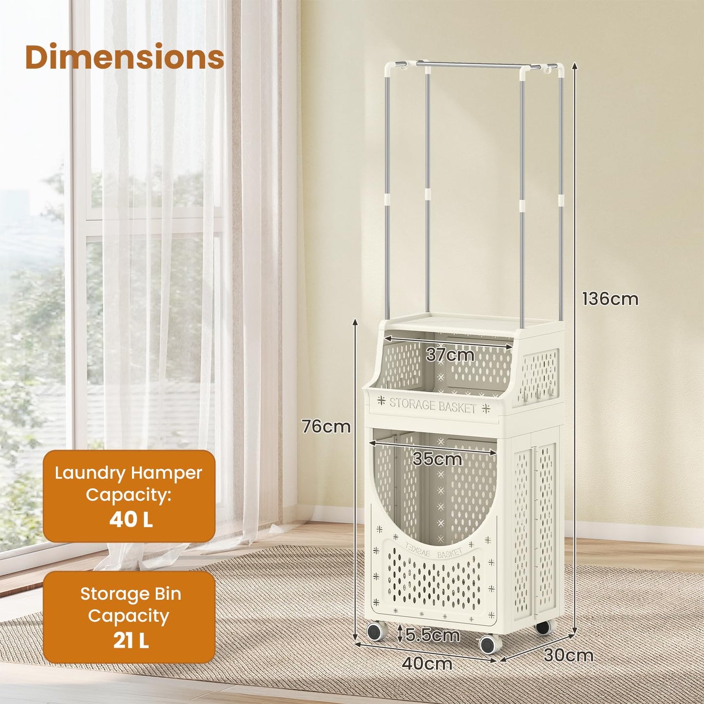 3/4-Tier Laundry Basket Trolley on Wheels, Foldable Laundry Hamper Cart