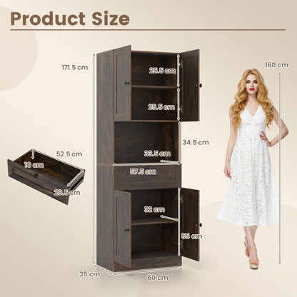 171.5cm Tall Kitchen Cupboard, 4-Door Pantry Storage Cabinet with Adjustable Shelf