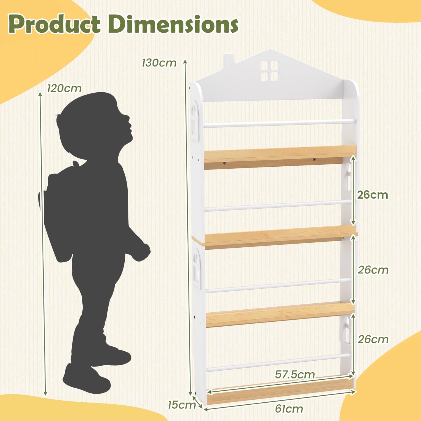 Kids Bookshelf, 4-Tier Book Display Rack with Anti-Falling Baffles