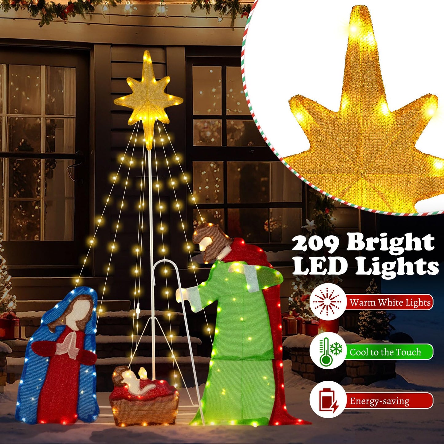 Christmas Nativity Set, Lighted Xmas Holy Family Scene with LED Lights