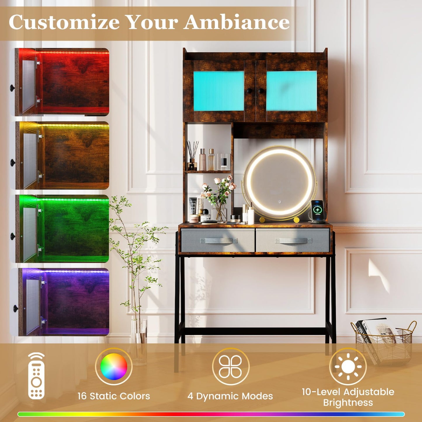 Dressing Table with 360° Rotation LED Vanity Mirror, Makeup Table Vanity Desk