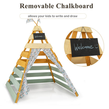 Wooden Play Tent Kids Teepee Tent with Door Curtains for Children 3-8 Years Old
