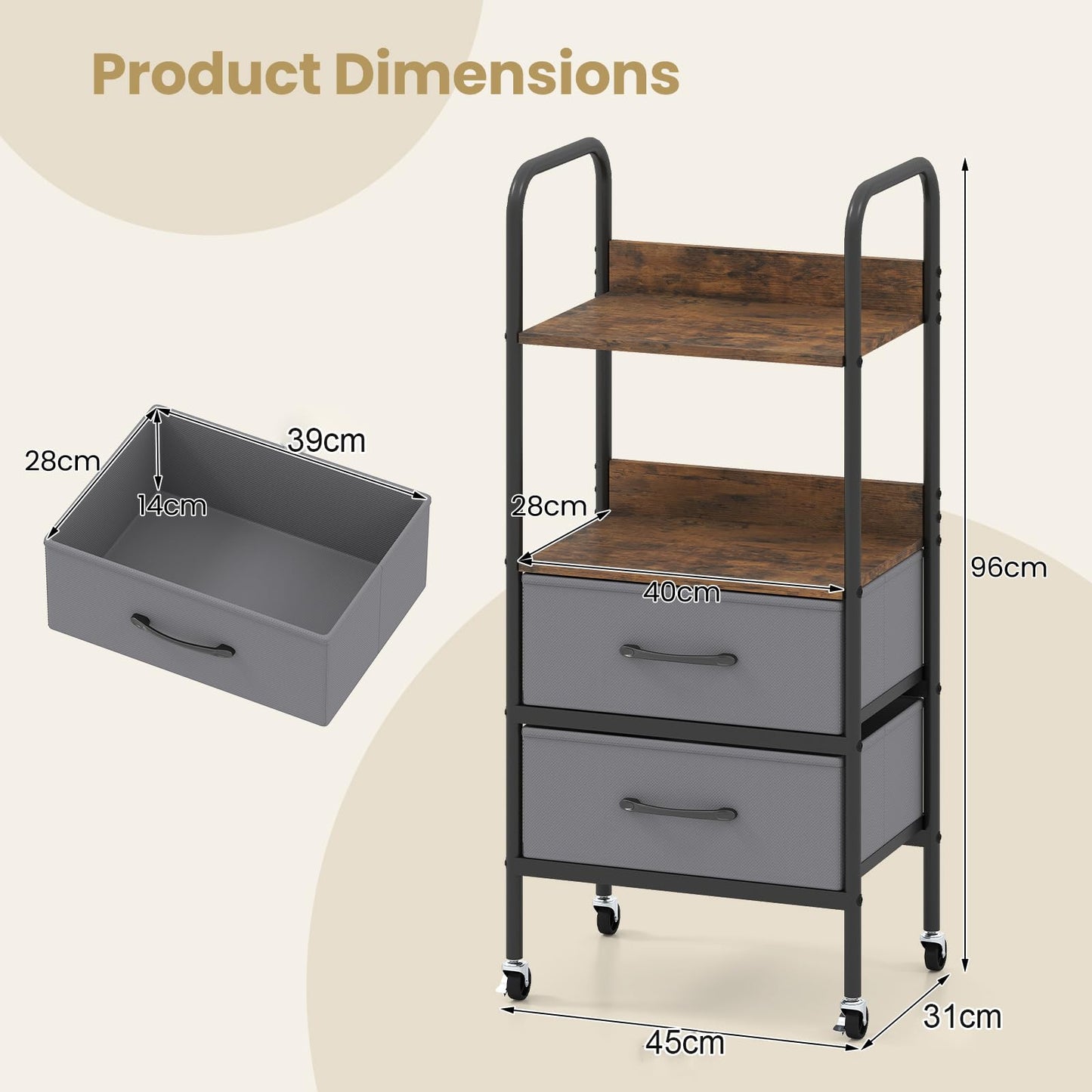Rolling Utility Storage Cart Mobile Printer Stand with 2 Open Shelves
