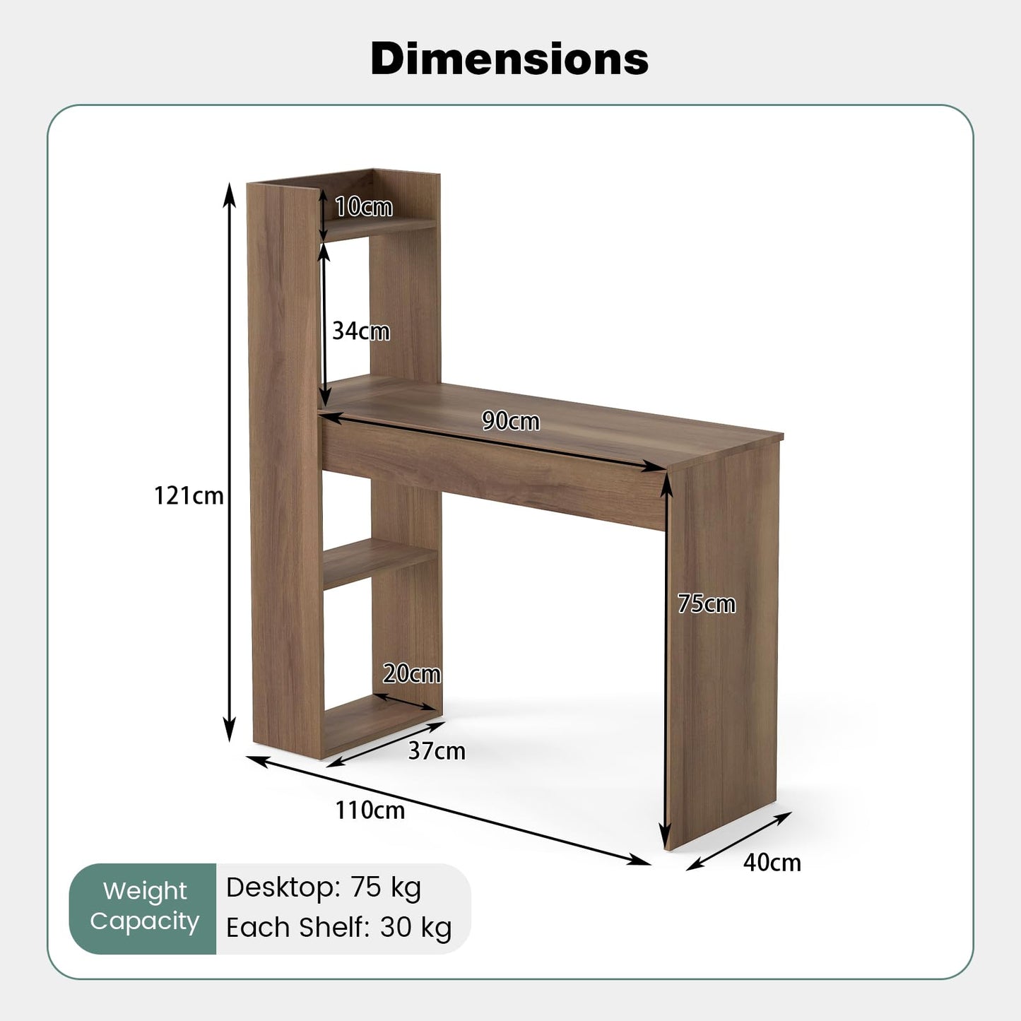 Home Office Desk with Bookshelf 110 CM Study Writing Table