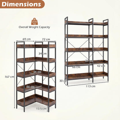 5-Tier Corner Bookshelf, 113cm Convertible L-shaped Bookcase