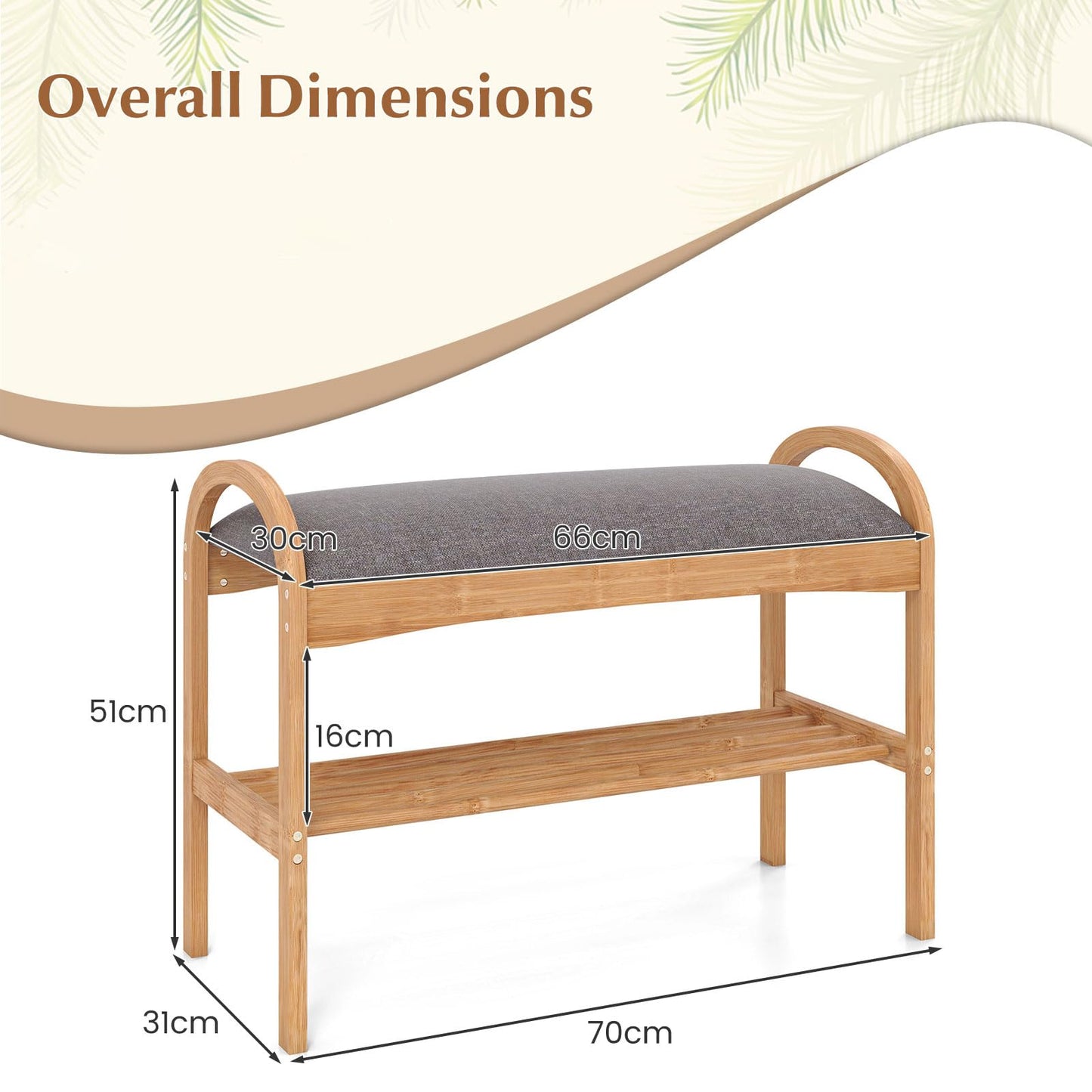 Bamboo Shoe Bench, 2-Tier Shoe Rack Organiser with Padded Seat Cushion and Shelf