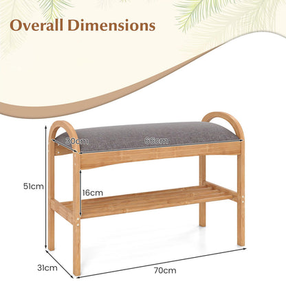 Bamboo Shoe Bench, 2-Tier Shoe Rack Organiser with Padded Seat Cushion and Shelf