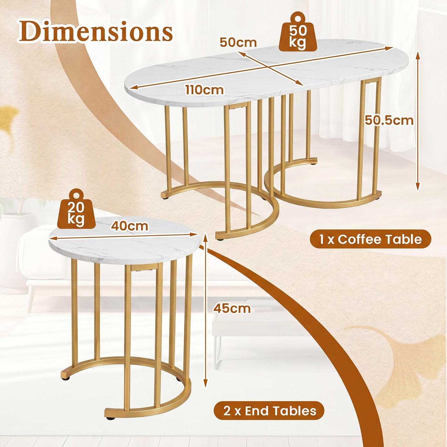 3-Piece Nesting Coffee Table Set 110cm Coffee Table with 2 Side Tables
