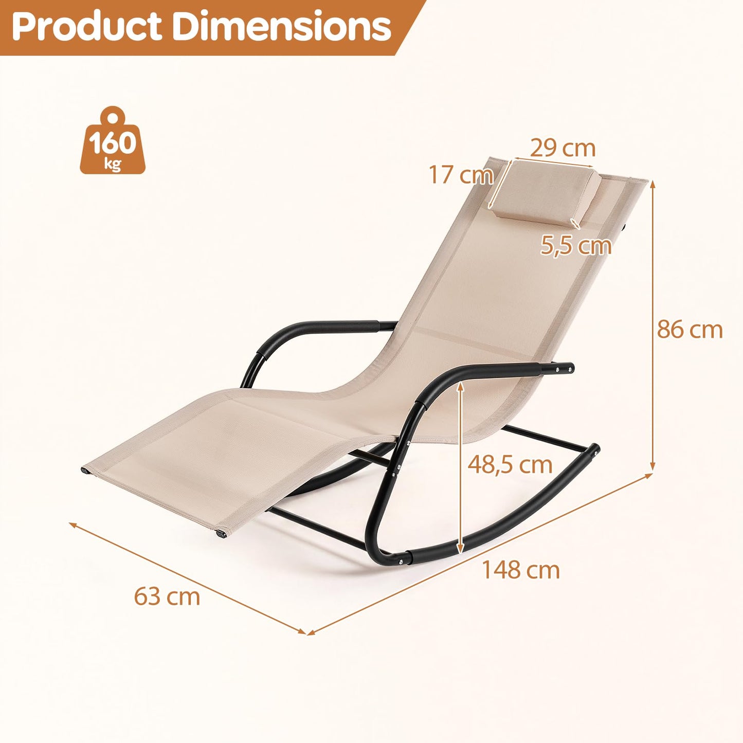 Rocking Sun Lounger, Zero Gravity Recliner Garden Rocking Chair with Headrest & Curved Armrests