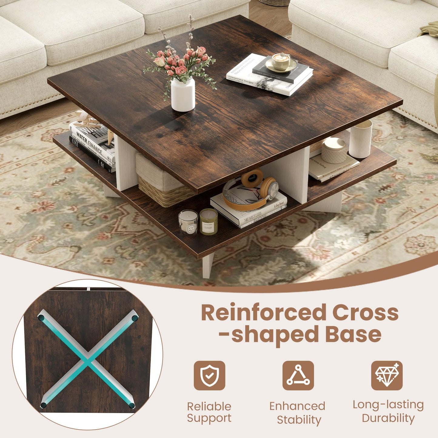 2-Tier Industrial Wooden Square Coffee Table with 4 Storage Shelves