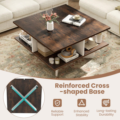 2-Tier Industrial Wooden Square Coffee Table with 4 Storage Shelves