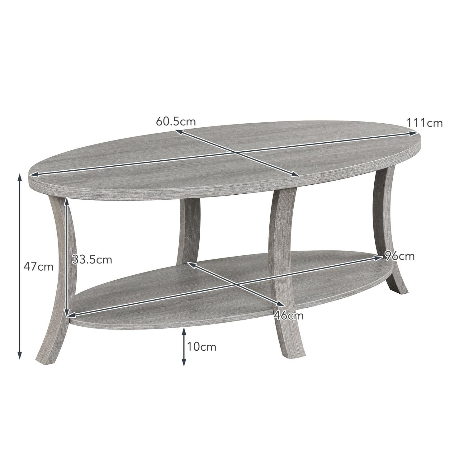 Oval Coffee Table 2-Tier Center Table with Storage Shelf