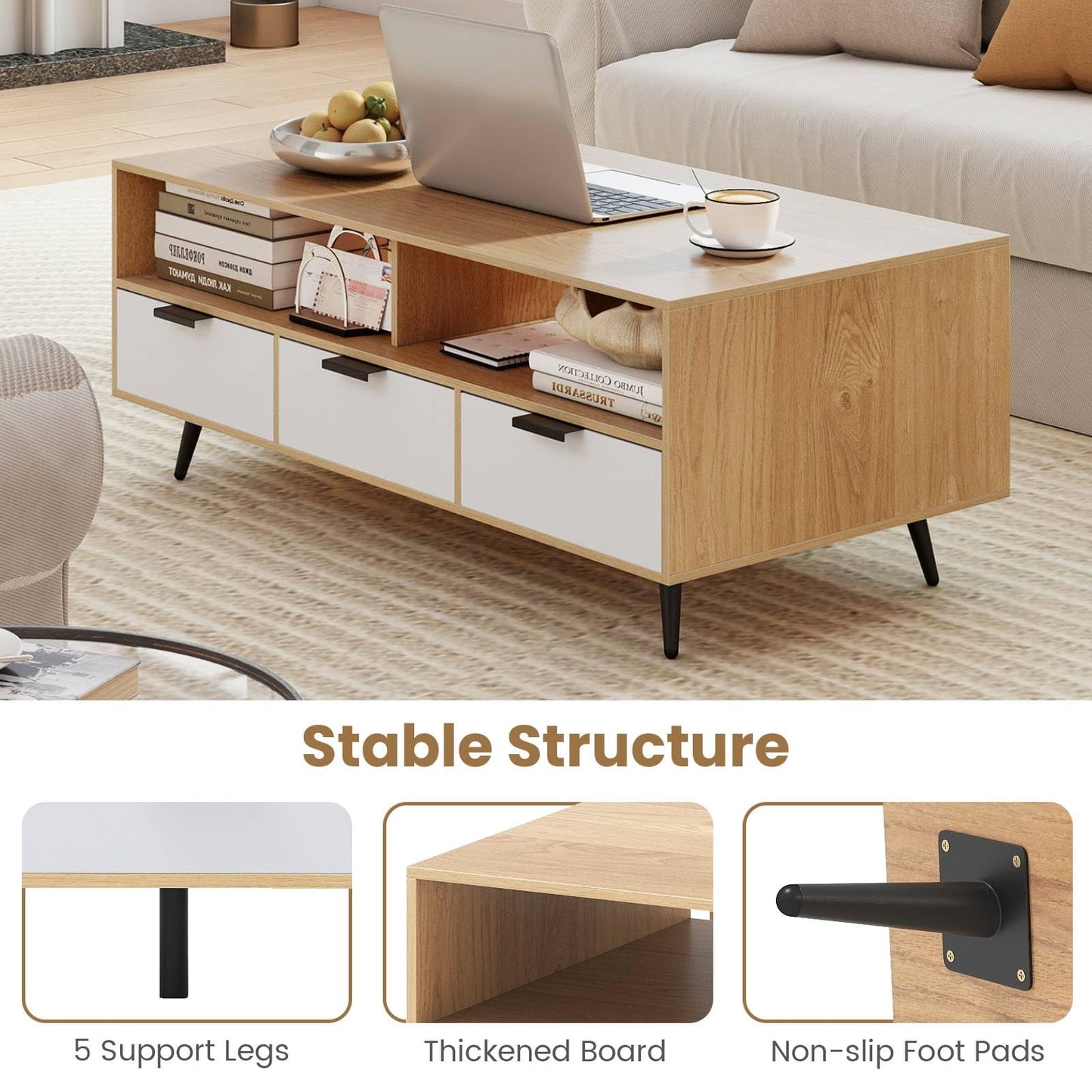Coffee Table with Storage 47 Inch Center Table with 2 Open Compartments