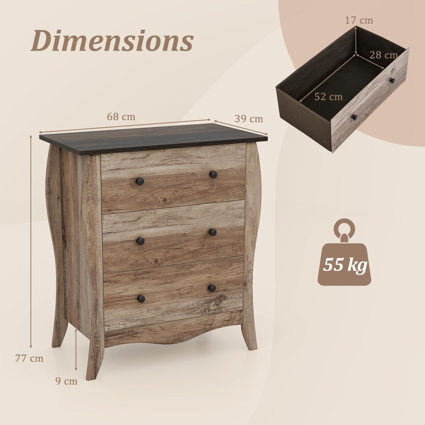 Closet Storage Organizer with 3 Folding Fabric Drawers and Anti-tipping Kit
