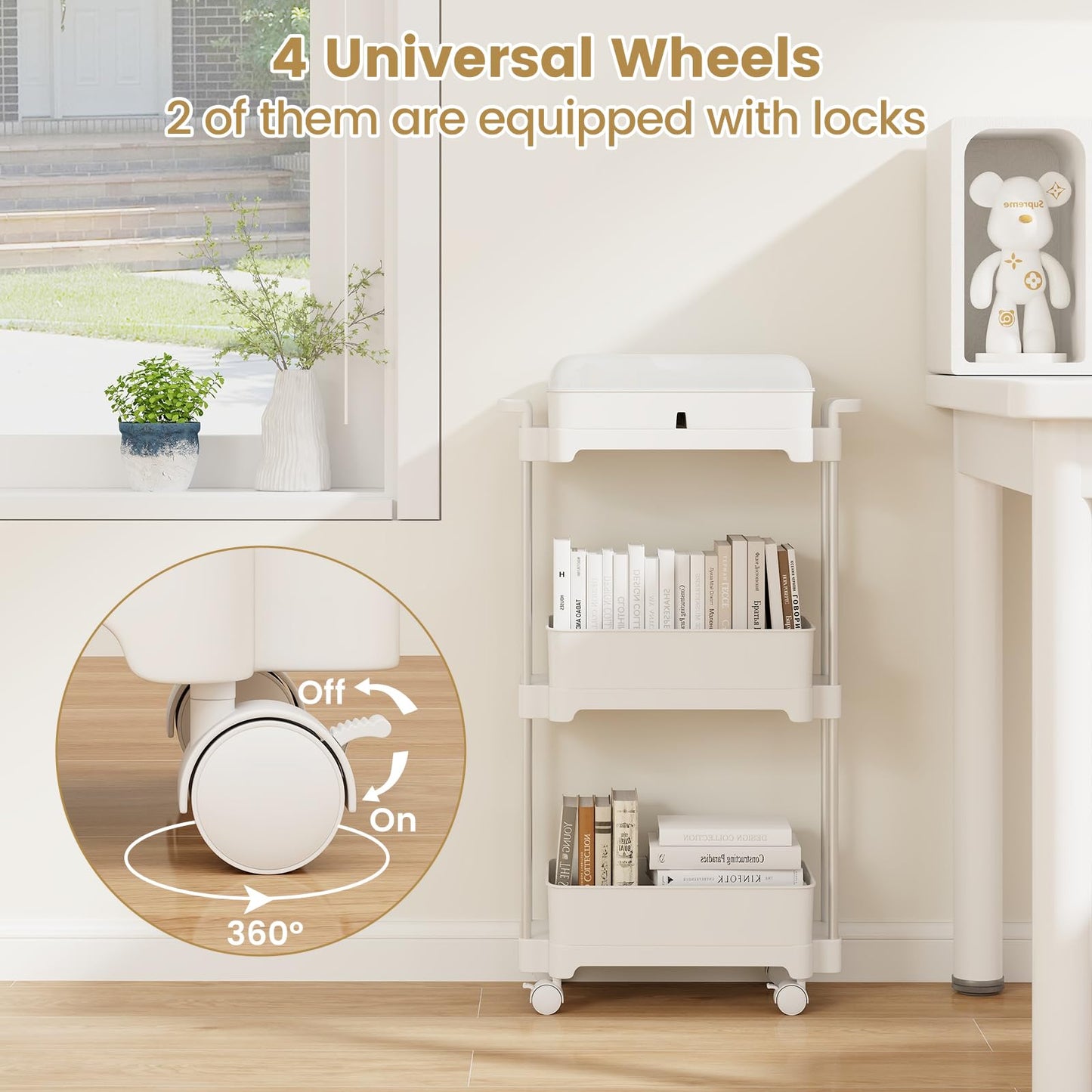 3-Tier Rolling Utility Cart Storage Trolley with Removable Cover and Shelves
