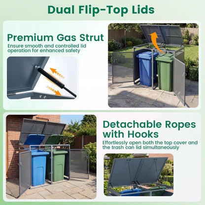 Double Wheelie Bin Storage, 240L Metal Garden Bin Hideaway with Gas Struts