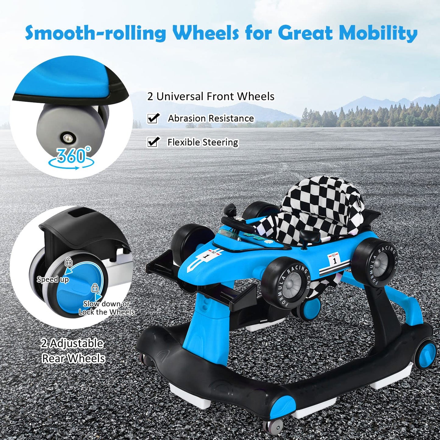 Foldable Push Along Walkers with Adjustable Height & Speed, Music, Lights
