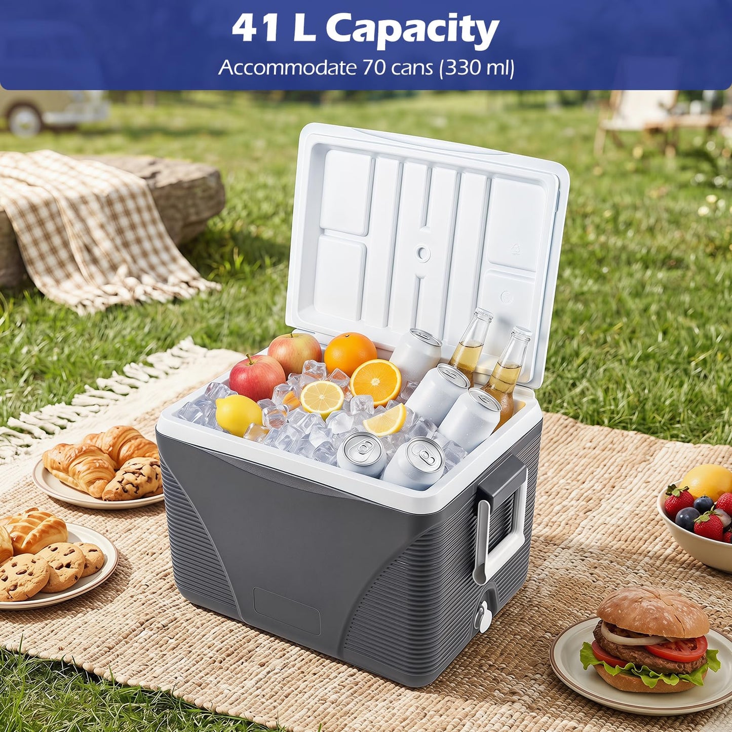 41L Insulated Cool Box, Hard Cooler Ice Chest Box for Cold/Hot Food & Drink with Handle