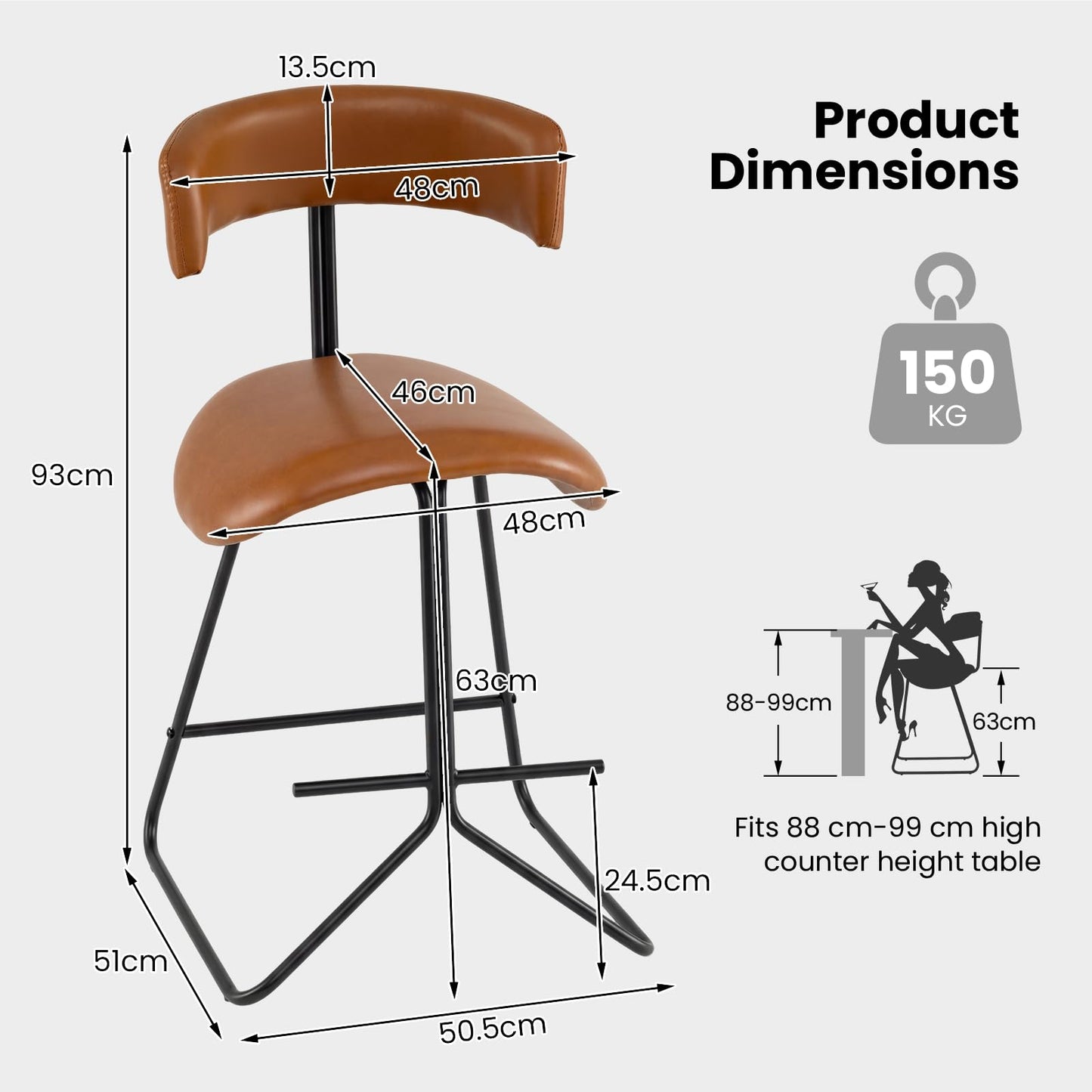 Bar Stools Set of 2, Fabric/PU Leather Upholstered Bar Chairs with Curved Back