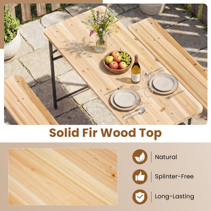 3 Piece Folding Picnic Table and Bench Set, Wooden Portable Camping Trestle Table Chairs