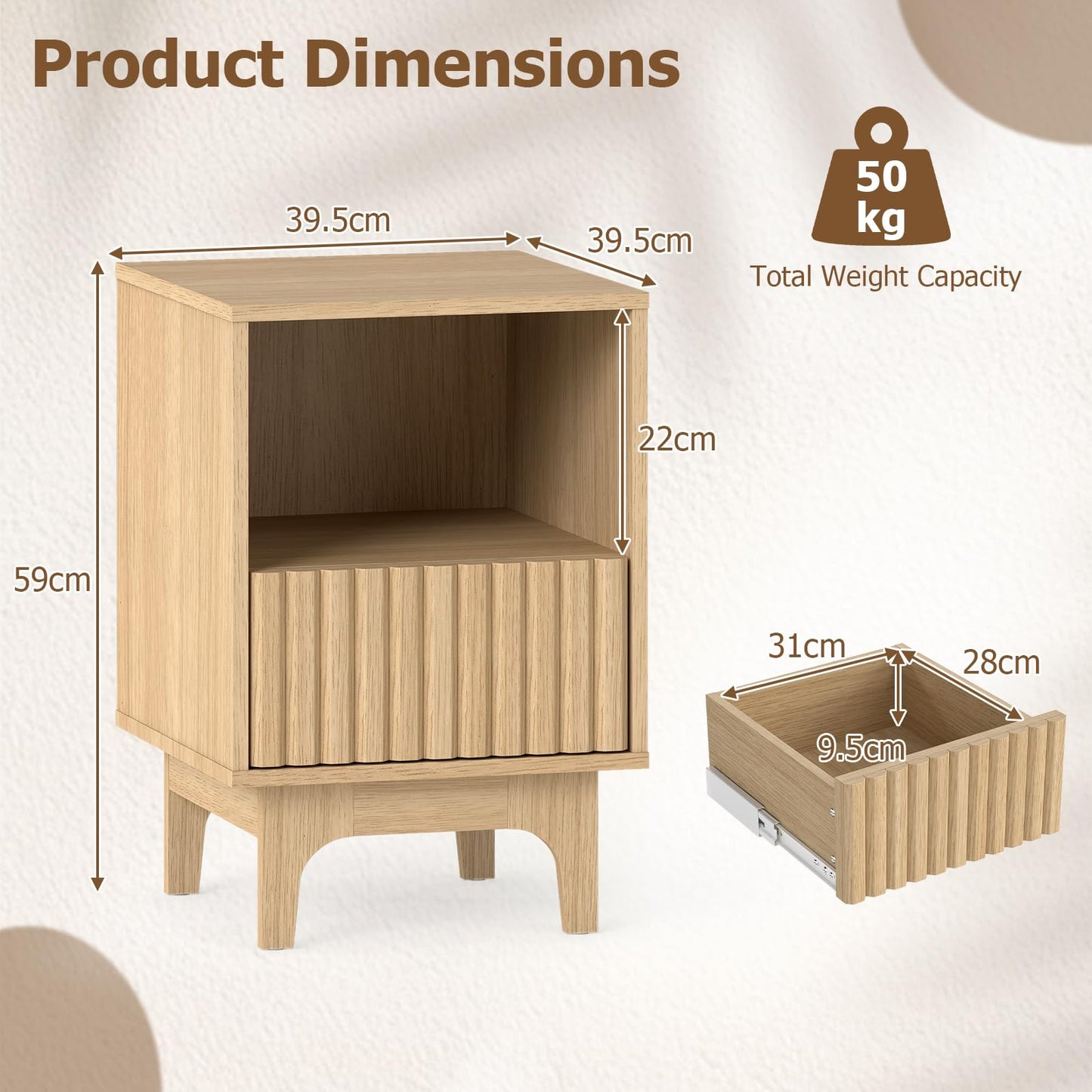Bedside Table, Wooden Nightstand End Sofa Side Table with Fluted Storage Drawer