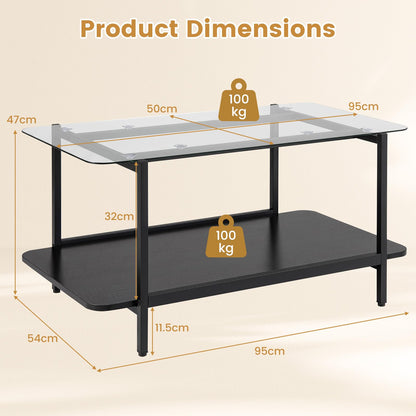 2-Tier Coffee Table, Tempered Glass Center Table with Storage Shelf