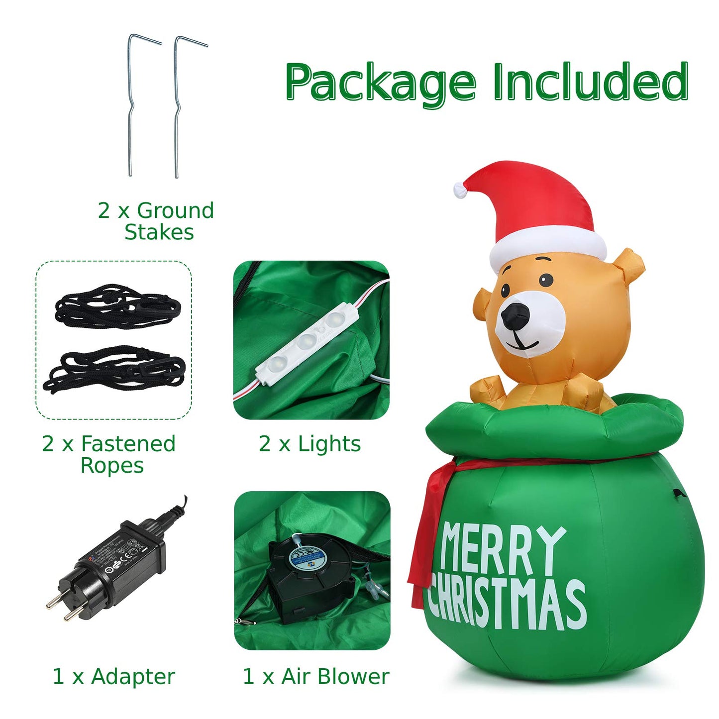 1.5M Blow Up Inflatable LED Christmas Cute Bear with Santa Hat