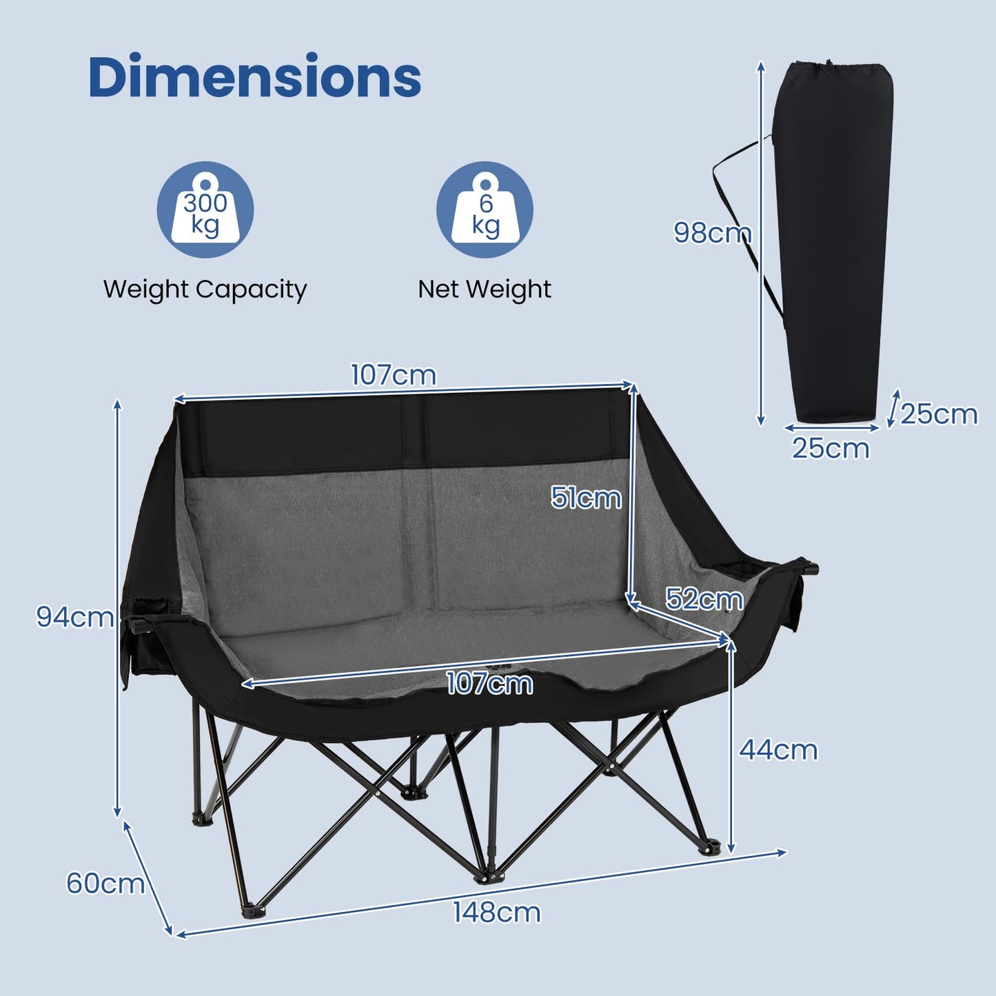Oversized Heated Double Camping Chair, 3 Heat Levels, 300kg