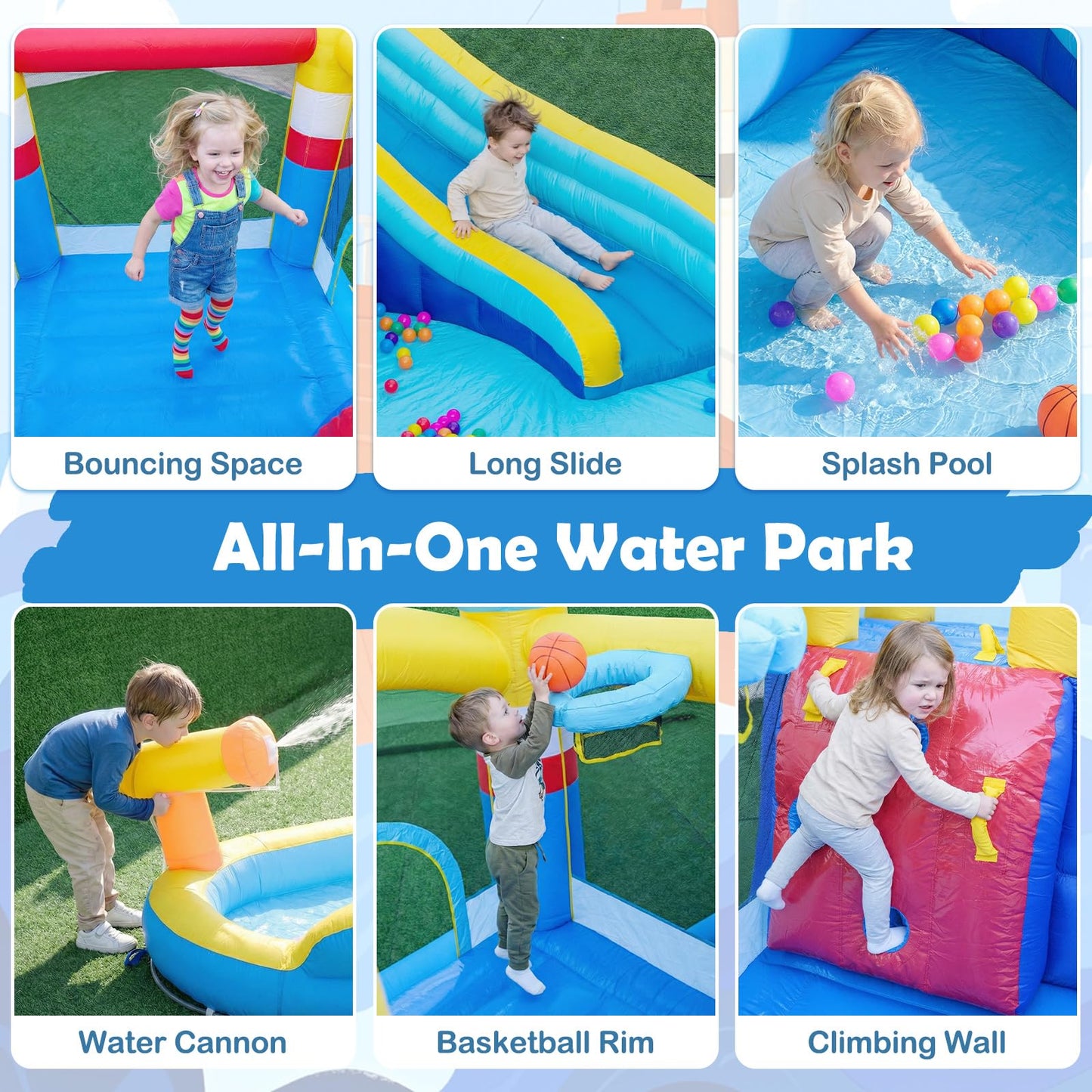 Inflatable Water Park, Kids Bouncy Castle with Slide, Splash Pool, Water Cannon, Climbing Wall