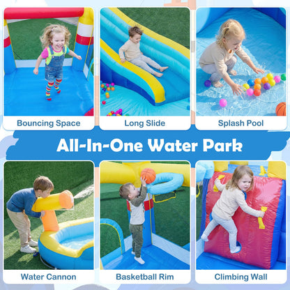 Inflatable Water Park, Kids Bouncy Castle with Slide, Splash Pool, Water Cannon, Climbing Wall